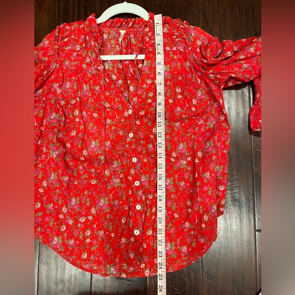 Free People Red Floral Ruffled Button-Front Blouse - Picture 6 of 7